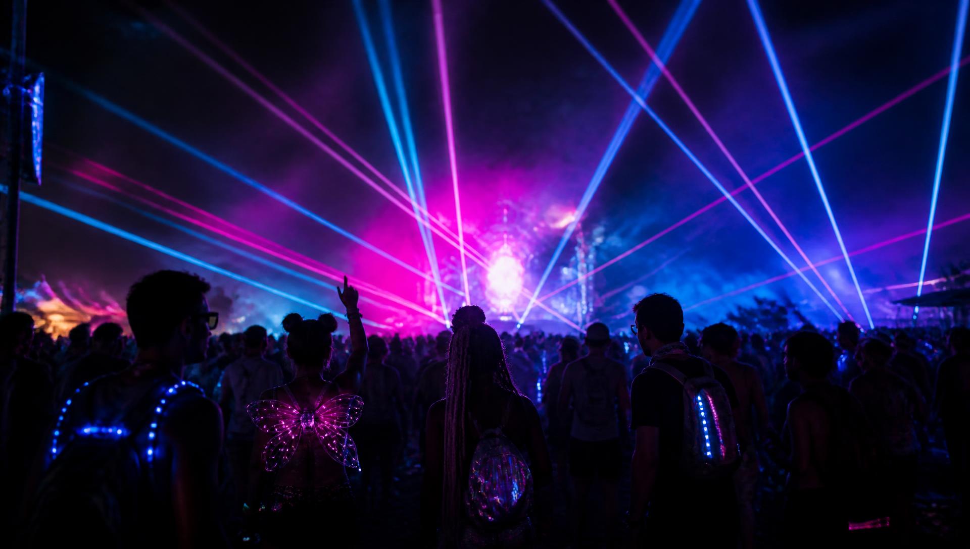 Festival crowd under neon lasers at night